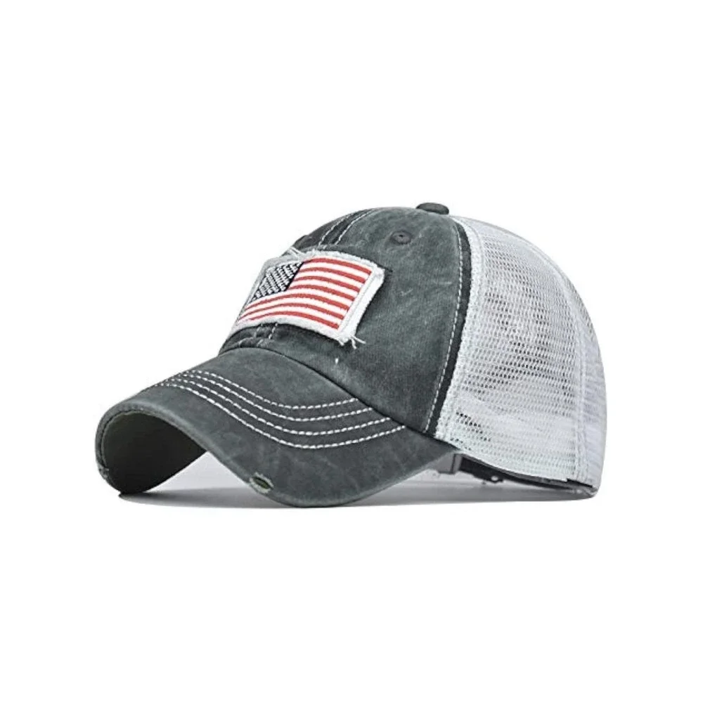 Distressed American Flag Ponytail Trucker Hat Grey White Mesh Adjustable Cap - Picture 1 of 6